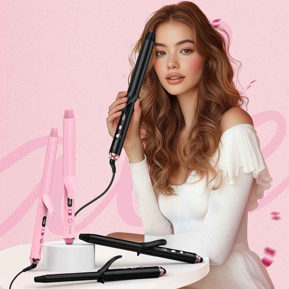 FARERY Long Barrel Curling Iron 1 1/4 inch, 1.25 Inch Curling Iron for Thin Hair, Infused Argan Oil & Keratin, 11 Adjustable Temp, Include Clips & Silicone Pad, Pink