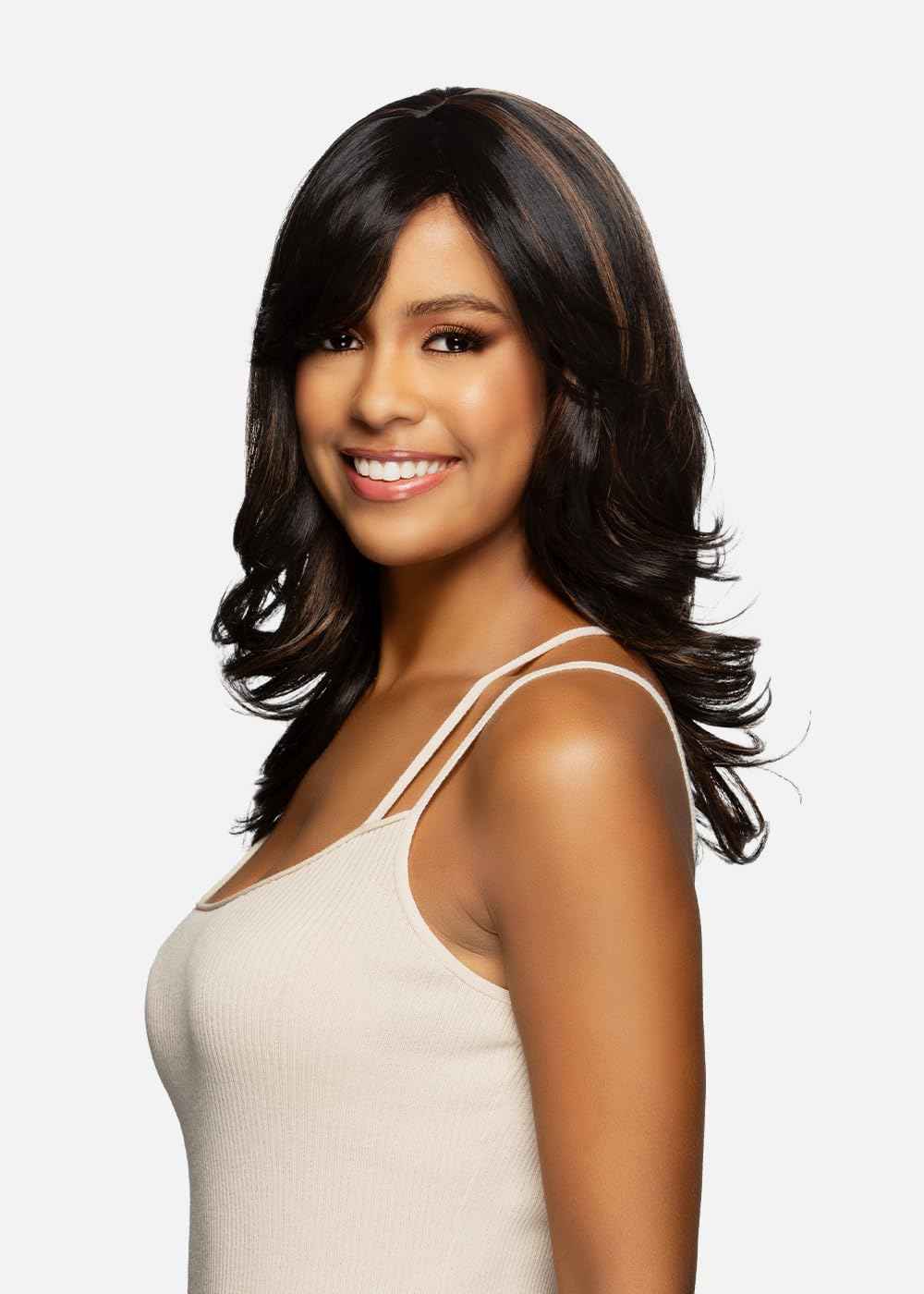 Vivica A. Fox BRIE-V, Futura Synthetic Heat Resistant Fiber, Pure Comfort Cap, Straight Top Style with Layered Loose Curl Flip Full Wig (FS1B/33)
