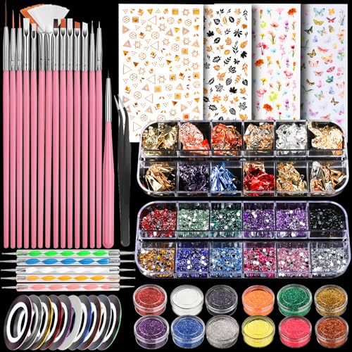 Teenitor Nail Art Brush Set with Stickers, Gems & Foils – 15 Brushes, 12 Glitter Pots