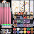 Teenitor Nail Art Brush Set with Stickers, Gems & Foils – 15 Brushes, 12 Glitter Pots