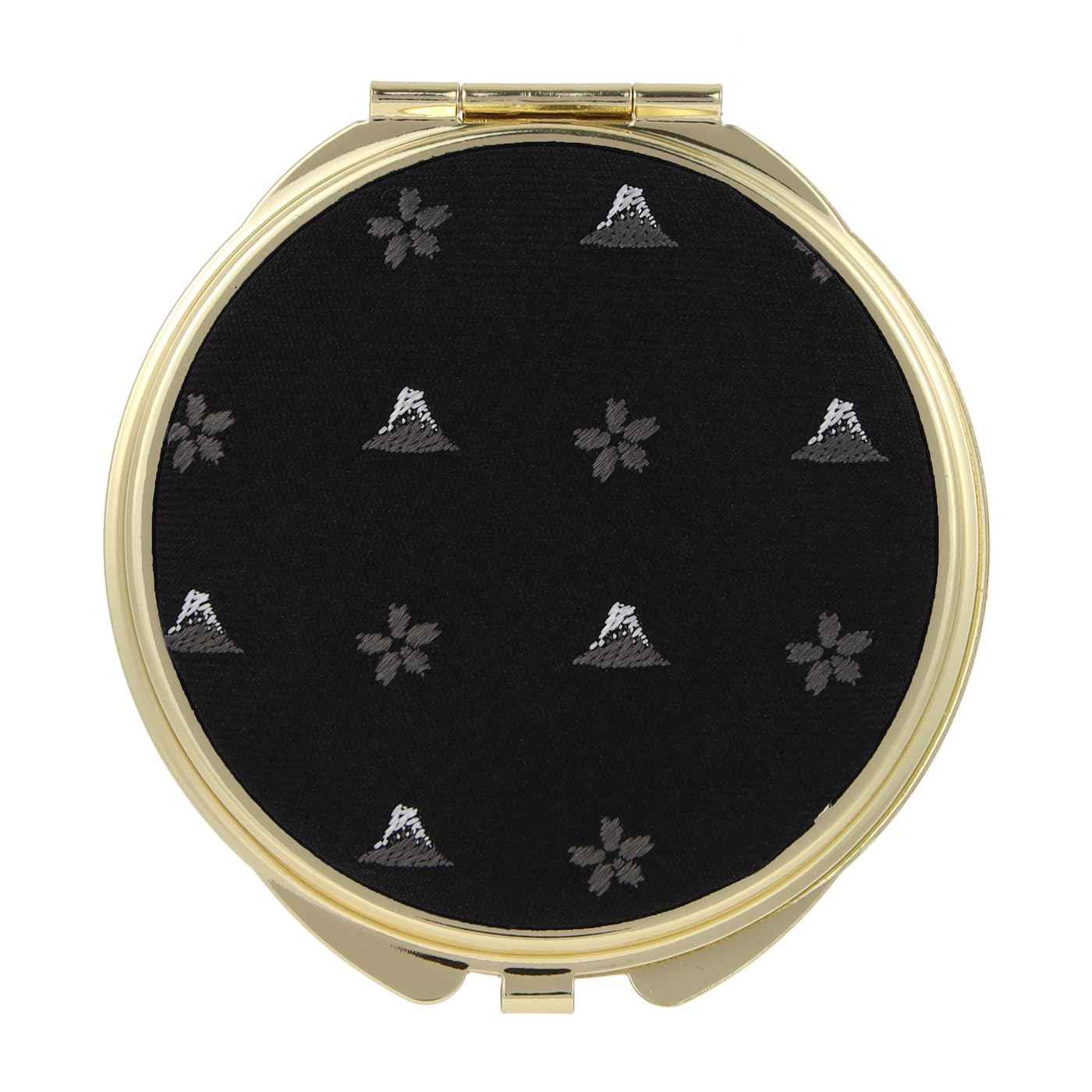 FORTUNA Tokyo Compact Mirror, Nishijin Textile Silk Hand Mirror, Double-Sided Mirror, Magnifier, Made in Japan, Round Size, Mt. Fuji and Cherry Blossom Pattern -18, Hokusai (Black/Gold)