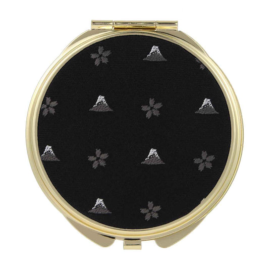 FORTUNA Tokyo Compact Mirror, Nishijin Textile Silk Hand Mirror, Double-Sided Mirror, Magnifier, Made in Japan, Round Size, Mt. Fuji and Cherry Blossom Pattern -18, Hokusai (Black/Gold)