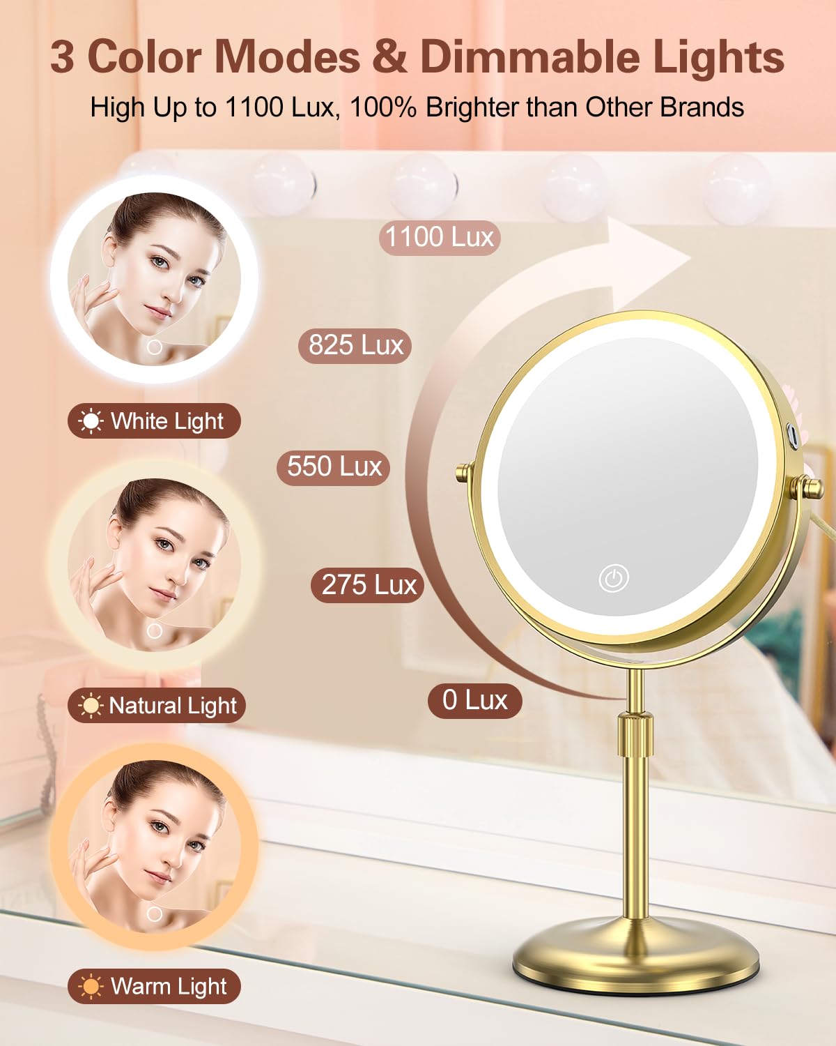 Benbilry Lighted Makeup Mirror with 3 Color Lights & 10X Magnification, Adjustable Brightness & Height, 7 Inch 360° Swivel Rechargeable LED Vanity Mirror, 10X Magnifying Mirror with Light, Gold