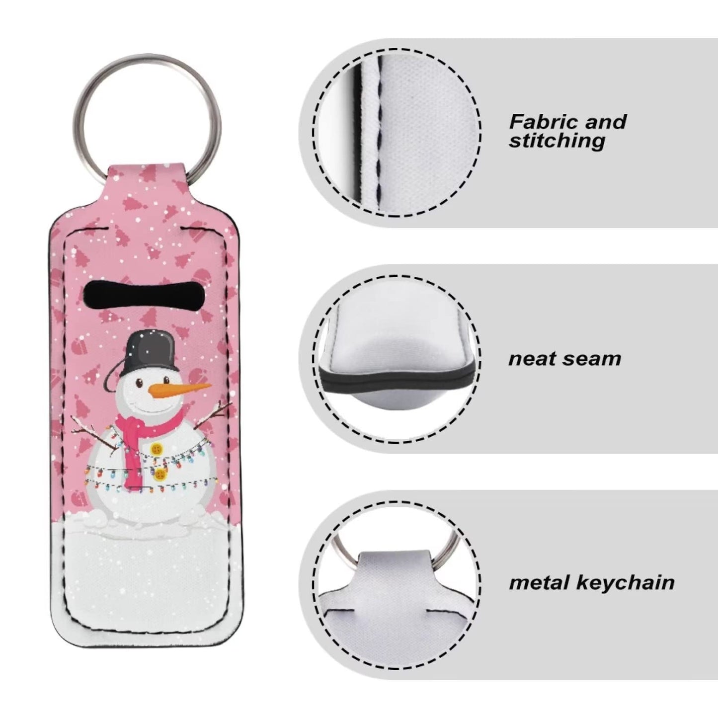 SEANATIVE Women Girls Chapstick Holder Keychain Pink, Christmas Snowman Print Lip Balm Pouch Sleeve with Metal Keyring