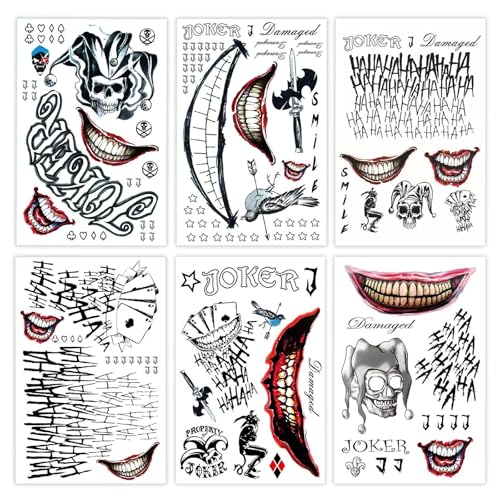 Joker Temporary Tattoos - 6 Sheets Waterproof Fake Stickers