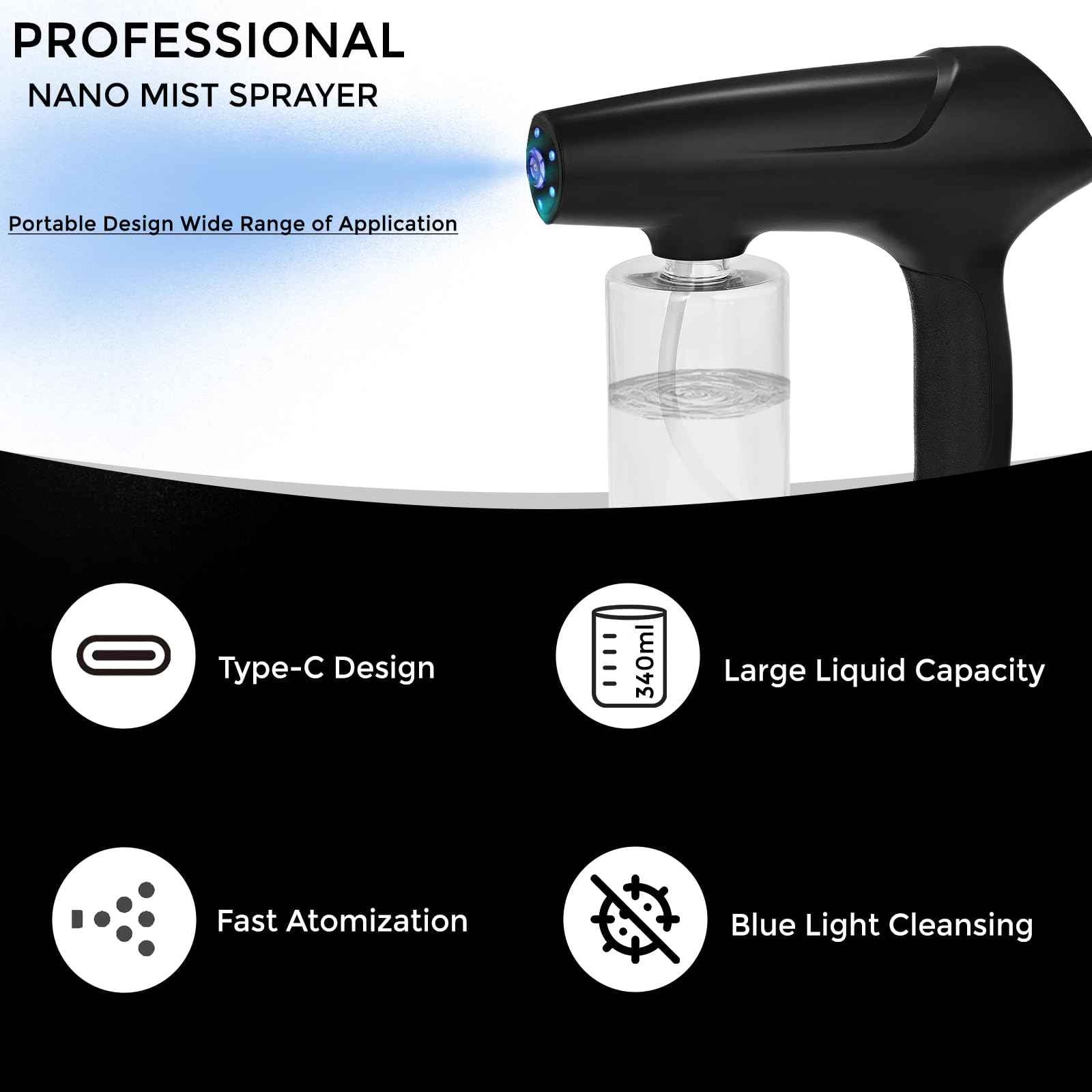 Hovinke Barber Spray Bottle with Blue Light, Rechargeable Electrostatic Atomizer Sprayer, Nano Mist Sprayer for Stylist,Barber and Home Use