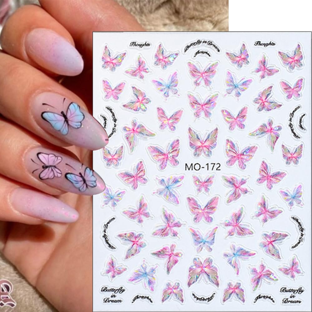 5D Aurora Butterfly Nail Stickers for Women Cartoon Butterfly Nail Art Stickers for Nail Designs Embossed Butterfly Stickers for Nails Design Rose Flower Butterfly Nail Decals for Nail Art Supplies