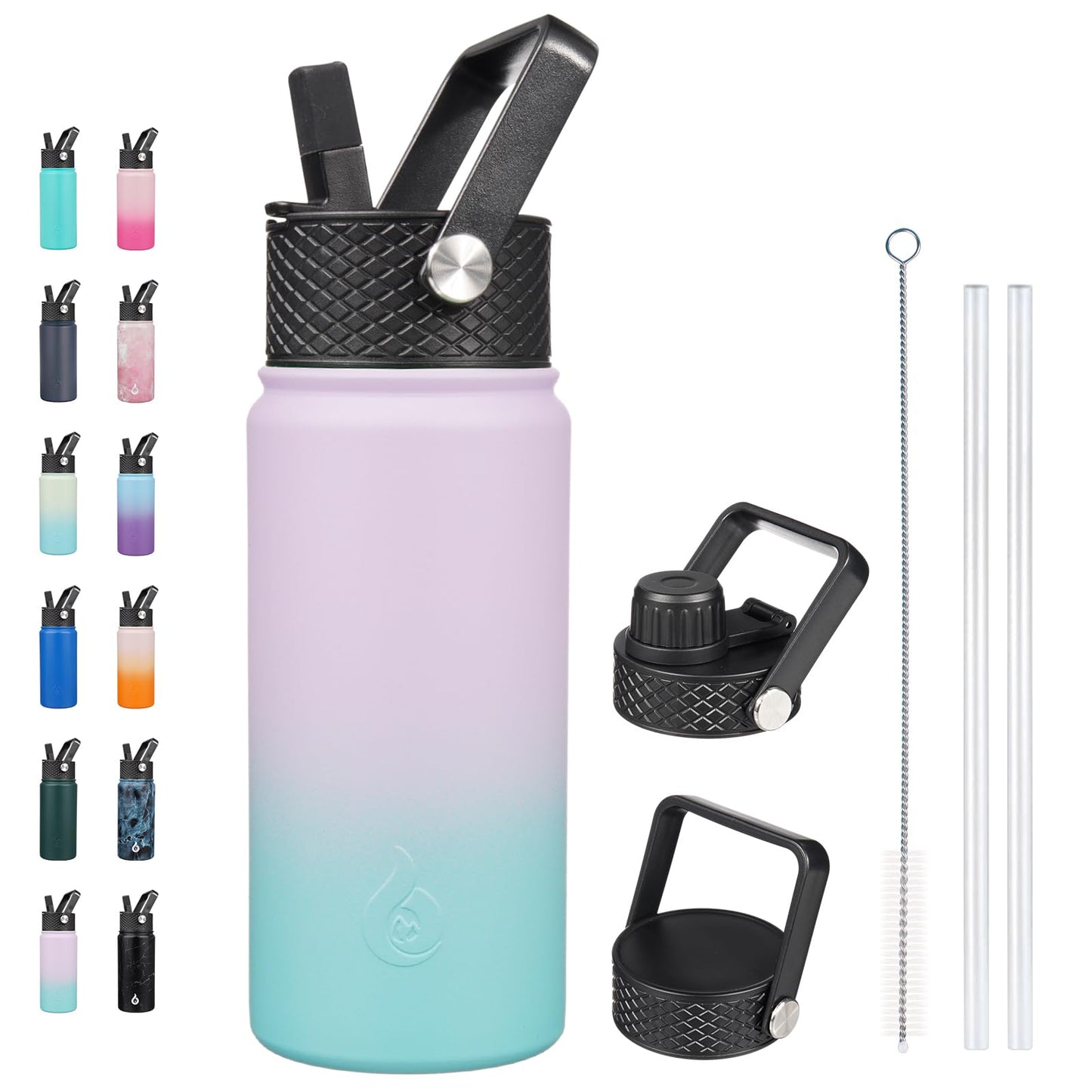 BJPKPK Insulated Water Bottles with Straw Lid, 18oz Stainless Steel Metal Water Bottle, Cold & Hot Water Bottle with 3 Lids, Leak Proof BPA Free Travel Cup, Wide Mouth Flasks, Thermos -Oasis