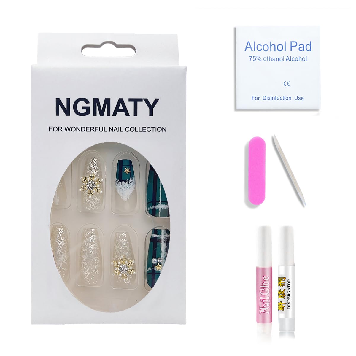 NGMATY Press On Nails Medium Long Christmas Dark Green Tessellated Snowflake White Snowflake Pattern Glitter Pearls Stars 12 Sizes 24 Pcs