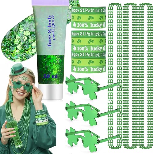 St. Patrick¡¯s Day Party Accessories Outfit for Women- Green Chunky Face Body Hair Glitter, Green Bead Necklaces Bracelets, Shamrock Sunglasses - Irish Saint Paddy Decor Party Favors Supplies