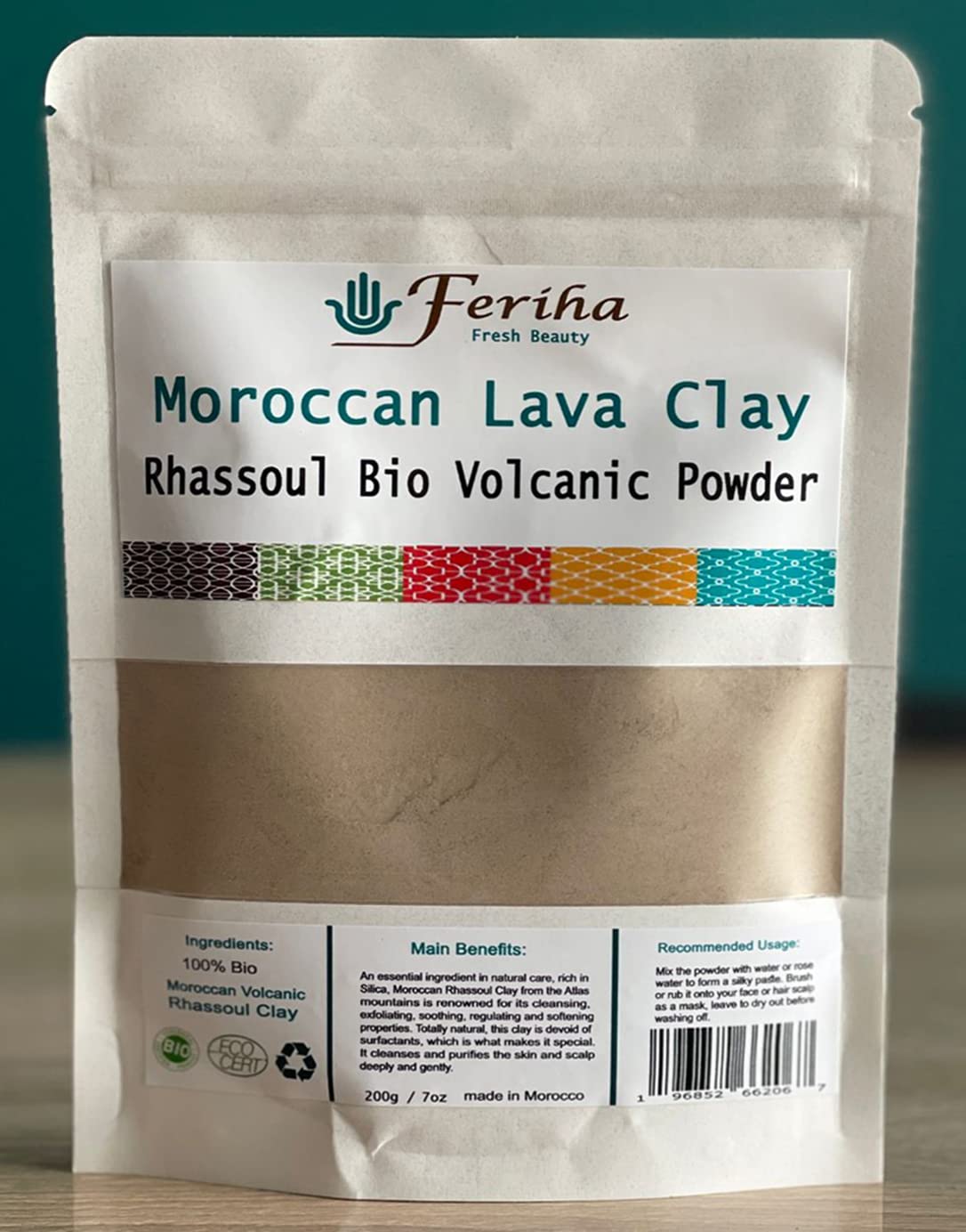 FERIHA Moroccan Rhassoul Bio Clay Powder, Organic Facial Body & Hair Mask. Fight Acne, Cleanse Impurities, & Improve Skin Elasticity.