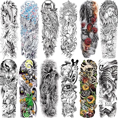 Aresvns Sleeve Tattoo Temporary, 12Pcs Christmas Full Arm Fake Tattoos for Adults, Large Totem Wolf Military Tempoary Tattoos for BBQ Pool Beach Party