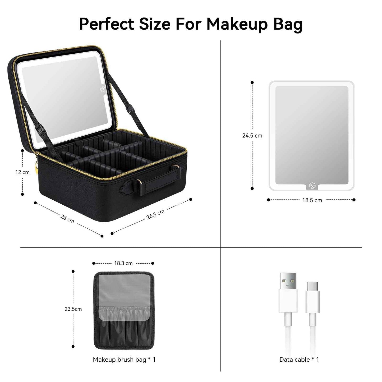 JUSRON Travel Makeup Bag With LED Mirror,Train Case with Light up Mirror, Portable Makeup Artist Organizer Bag with Adjustable Dividers (Black, Large)