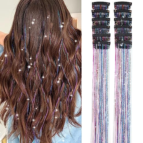 Hair Tinsel Pack of 12 Pcs Clip in Hair Tinsel 20 Inch Colorful Glitter Tinsel Hair Extensions Tinsel Fairy Hair Party Dazzle Hair Accessories Strands Kit for Women Girls Kids(12Pcs,Colorful#)