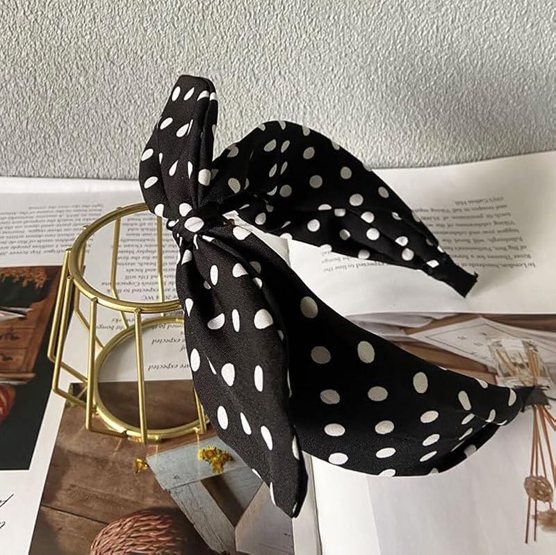 Deghew Black Polka Dot Bow Headband for Women & Girls - 1 Pack, Retro Halloween Costume Accessory