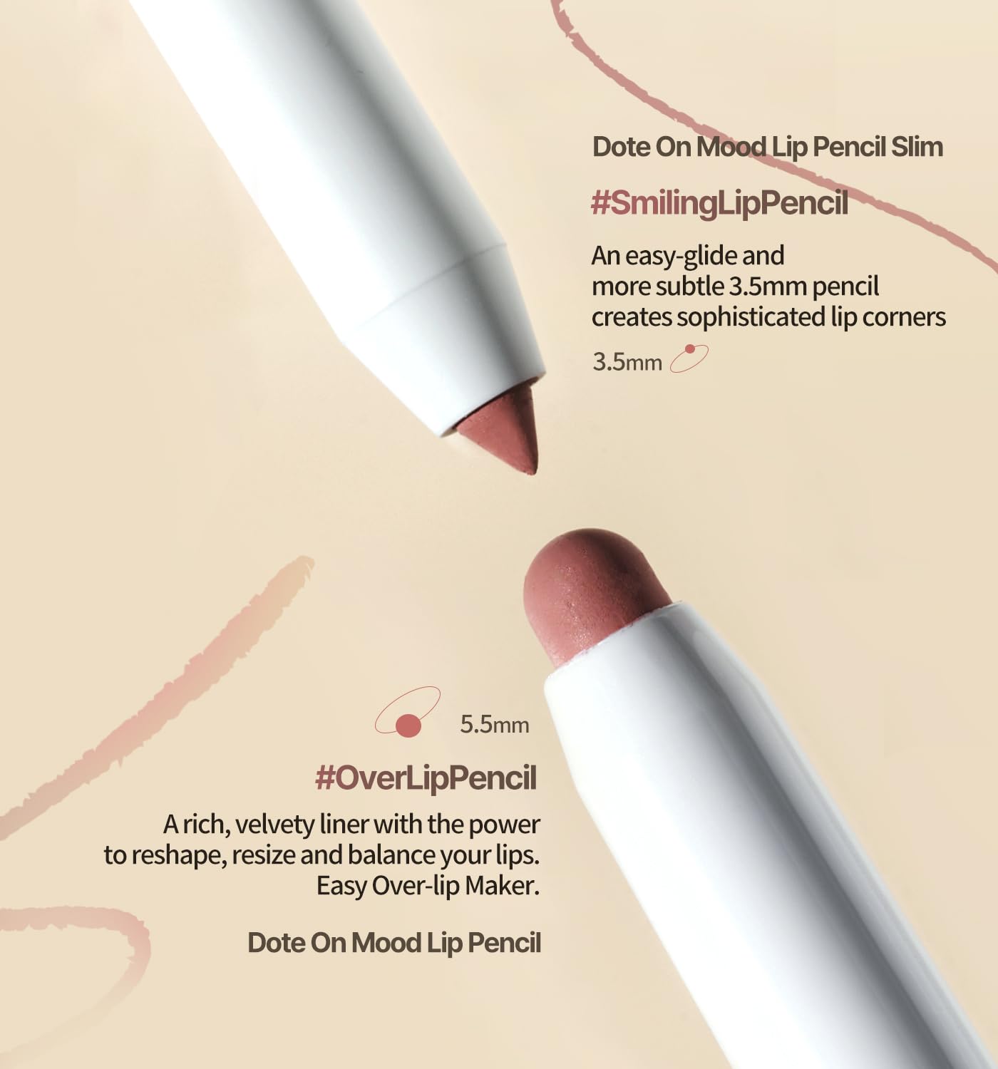 Heart Percent Dote On Mood Lip Pencil Slim, Defines and Fills Creamy Lip Liner Retractable Lipstick Pencil with Built-In Sharpener, 20. Salmon Beige