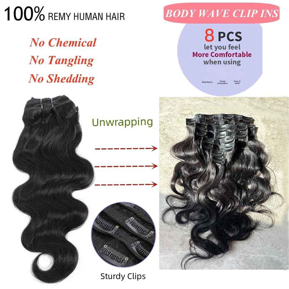 MYouan Seamless Body Wave Clip Ins PU Weft Clip In Hair Extensions Real Human Hair Clip Ins 16Inch 100% Unprocessed Human Hair Extensions 8pcs/set (20Clips120g)