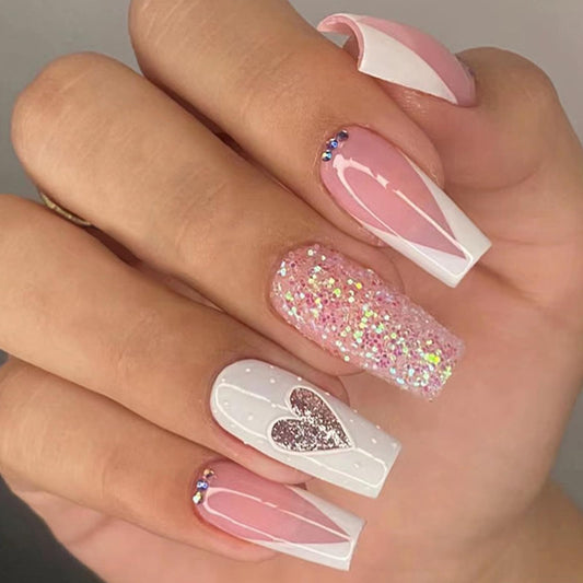 Valentines Nails French Tip Press on Nails Medium Coffin Fake Nails with Designs Heart Glitter Rhinestone Full Cover Acrylic Pink False Nails Square Glue on Nails for Women and Girls Date Night 24Pcs