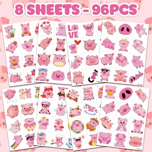 96 PCS Pre-Cut Pig Temporary Tattoos for Kids