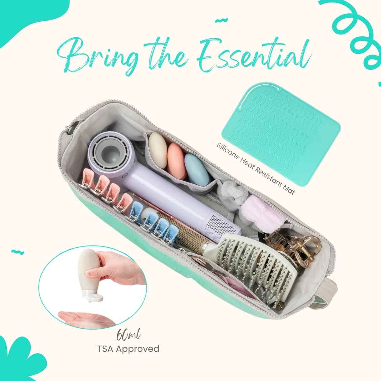 ‍Hair Tool Travel Bag with Heat Resistant Mat – Travel Case for Curling Iron, Straightener, Dy son Air wrap, Shark FlexStyle – Waterproof Organizer with Silicone Bottles
