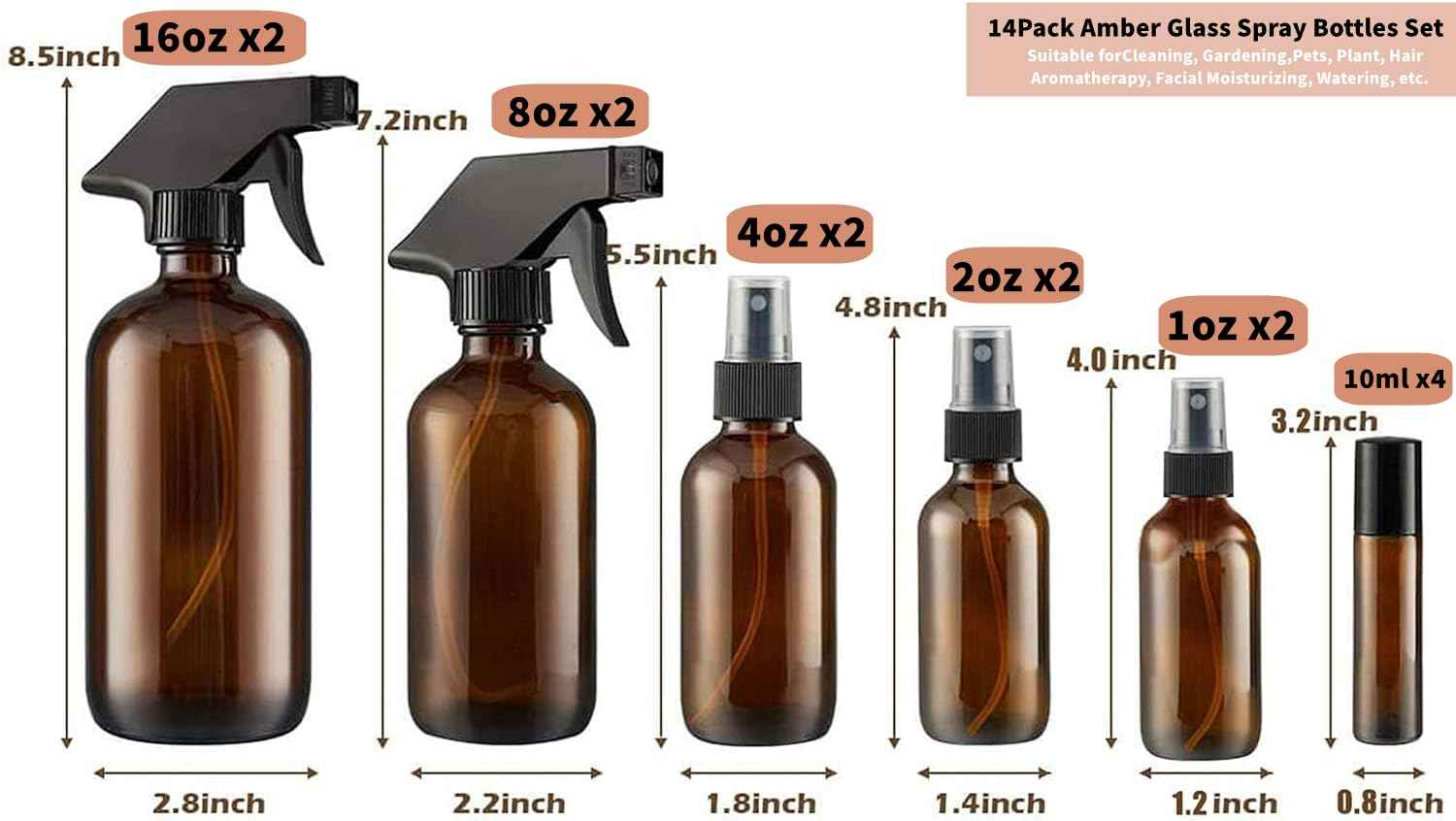 QINGYA 14 Pack amber glass bottle Set,Empty Boston Round Bottles with Adjustable Nozzle,Multi Size and Versatile(16oz,8oz,4oz,2oz,1oz) x 2, 10 ml Roller Bottle x 4 with Labels