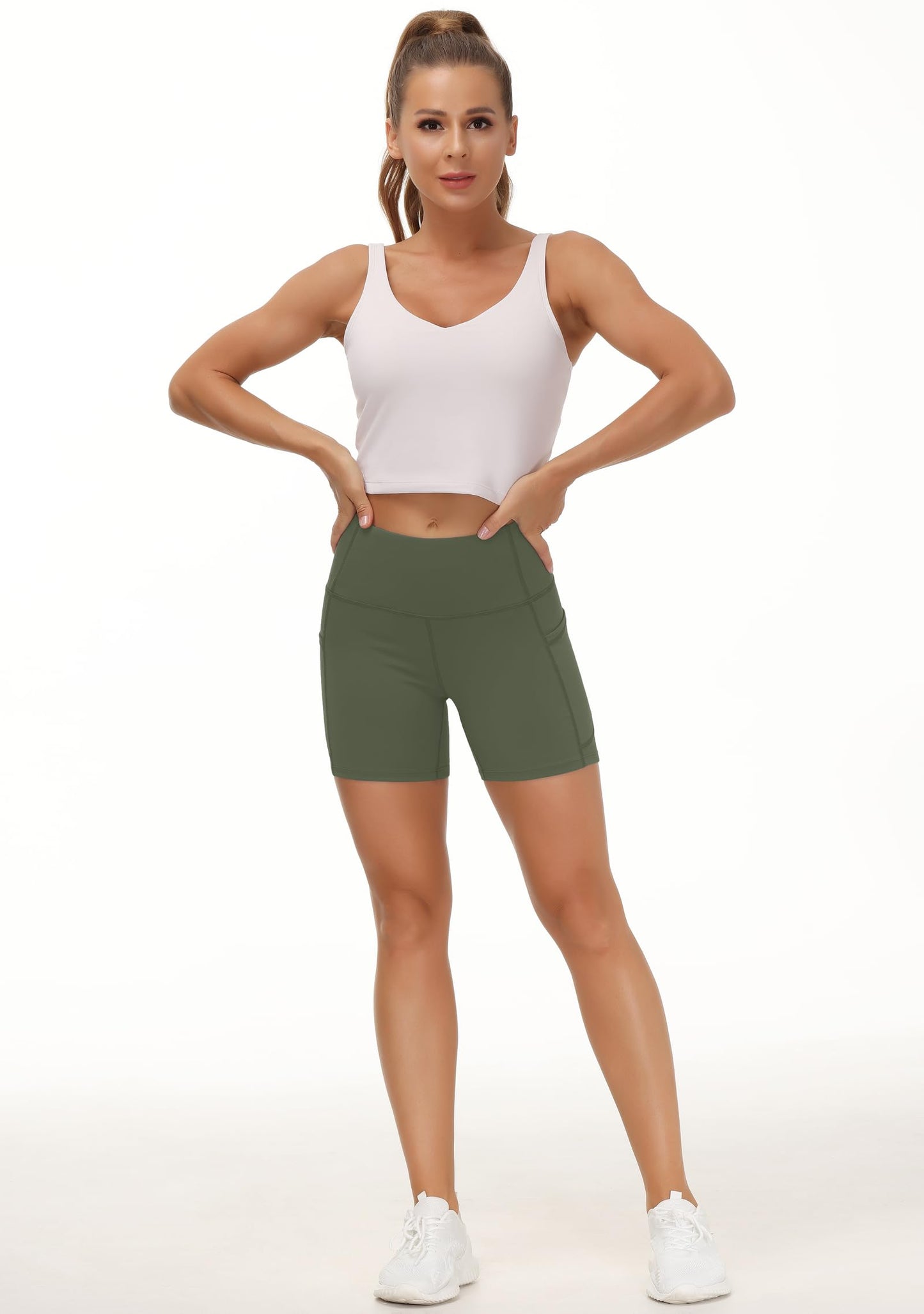 THE GYM PEOPLE High Waist Yoga Shorts for Women's Tummy Control Fitness Athletic Workout Running Shorts with Deep Pockets Bean Green