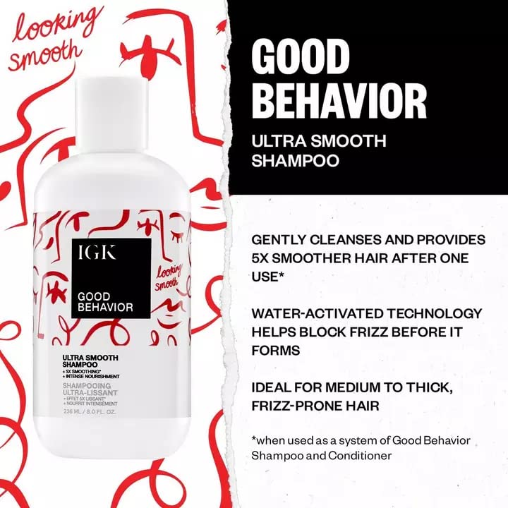 IGK GOOD BEHAVIOR Ultra Smooth Shampoo | Frizz Control + Hydrates + Shine | Vegan + Cruelty Free | 8 Oz