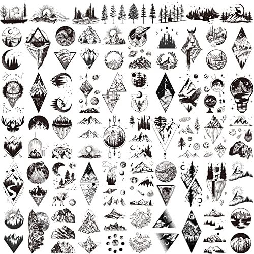 62 Sheets Temporary Tattoos - Black Geometry & Mountain Designs