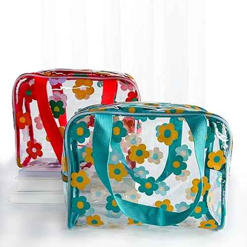TotePrint Clear Floral Hand Bag and Travel Cosmetics Pouch with Handle,Durable Waterproof PVC Versatile Smooth Zipper Design (Red+Green+Yellow)