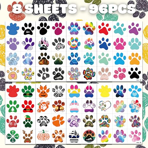 96 Pcs Paw Print Temporary Tattoos for Kids