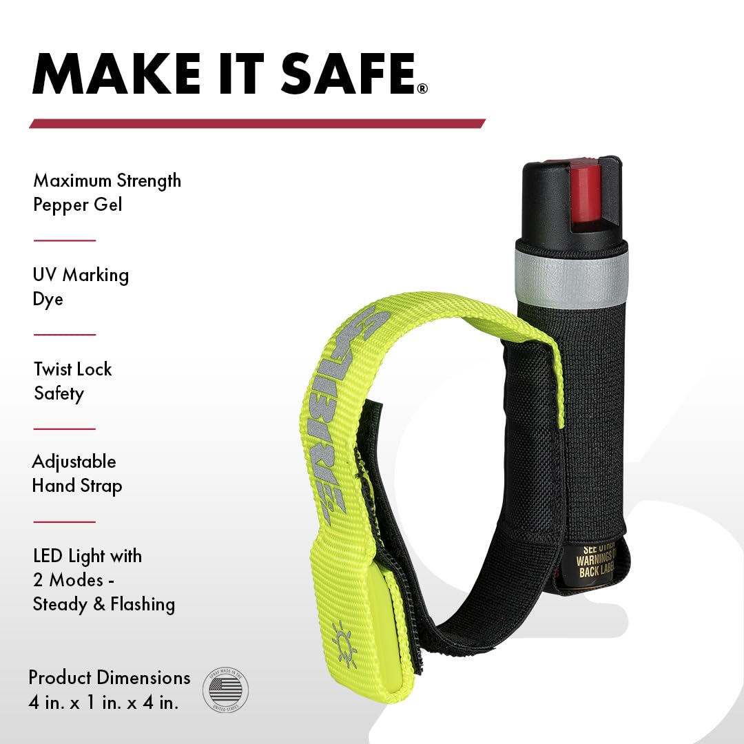 SABRE Runner Pepper Gel for Self Defense with Adjustable LED Hand Strap for Running, Always On or Flashing Light, Ambidextrous Fit, Max Strength 35 Bursts, Protect Against Multiple Threats, 0.67 fl oz