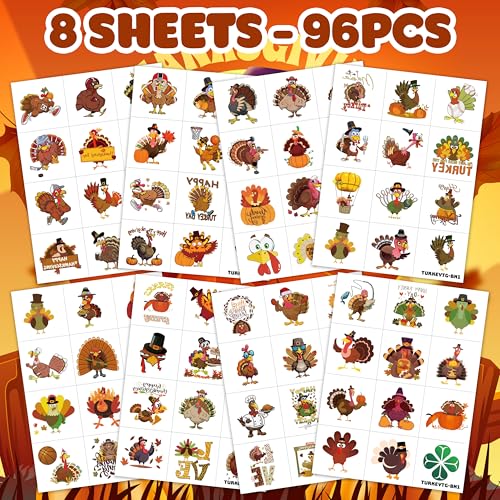 Turkey Temporary Tattoos for Kids ? 96PCS Fall&Thanksgiving Tattoos Stickers with Cute Turkeys, Leaves,Pumpkins ? Turkey Birthday Party Decorations, Supplies, Favors,Gifts School Events,Holiday Fun