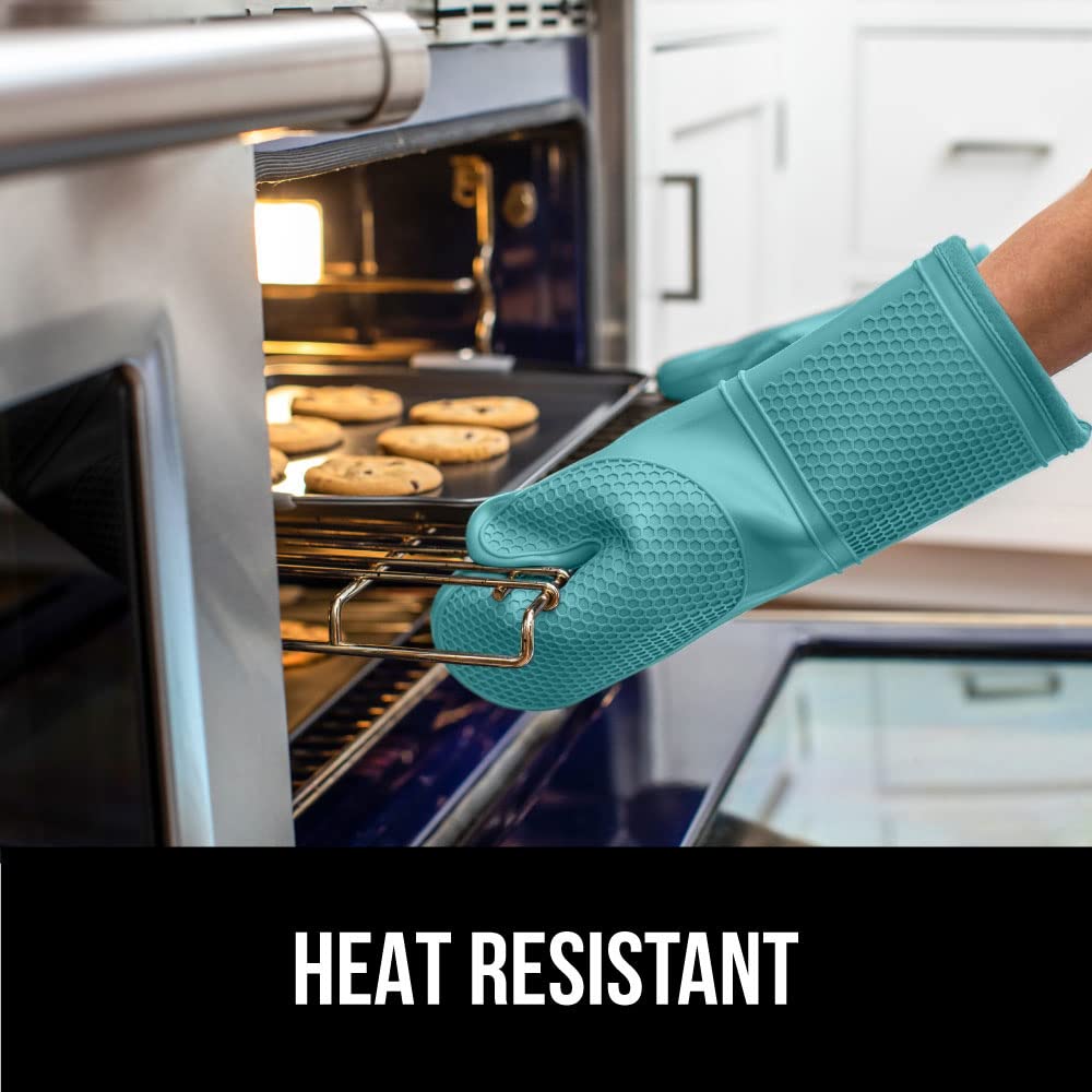 Gorilla Grip Heat and Slip Resistant Silicone Oven Mitts Set, Soft Cotton Lining, Waterproof, BPA-Free, Long Flexible Thick Gloves for Cooking, BBQ, Kitchen Potholders, 12.5 in, Turquoise