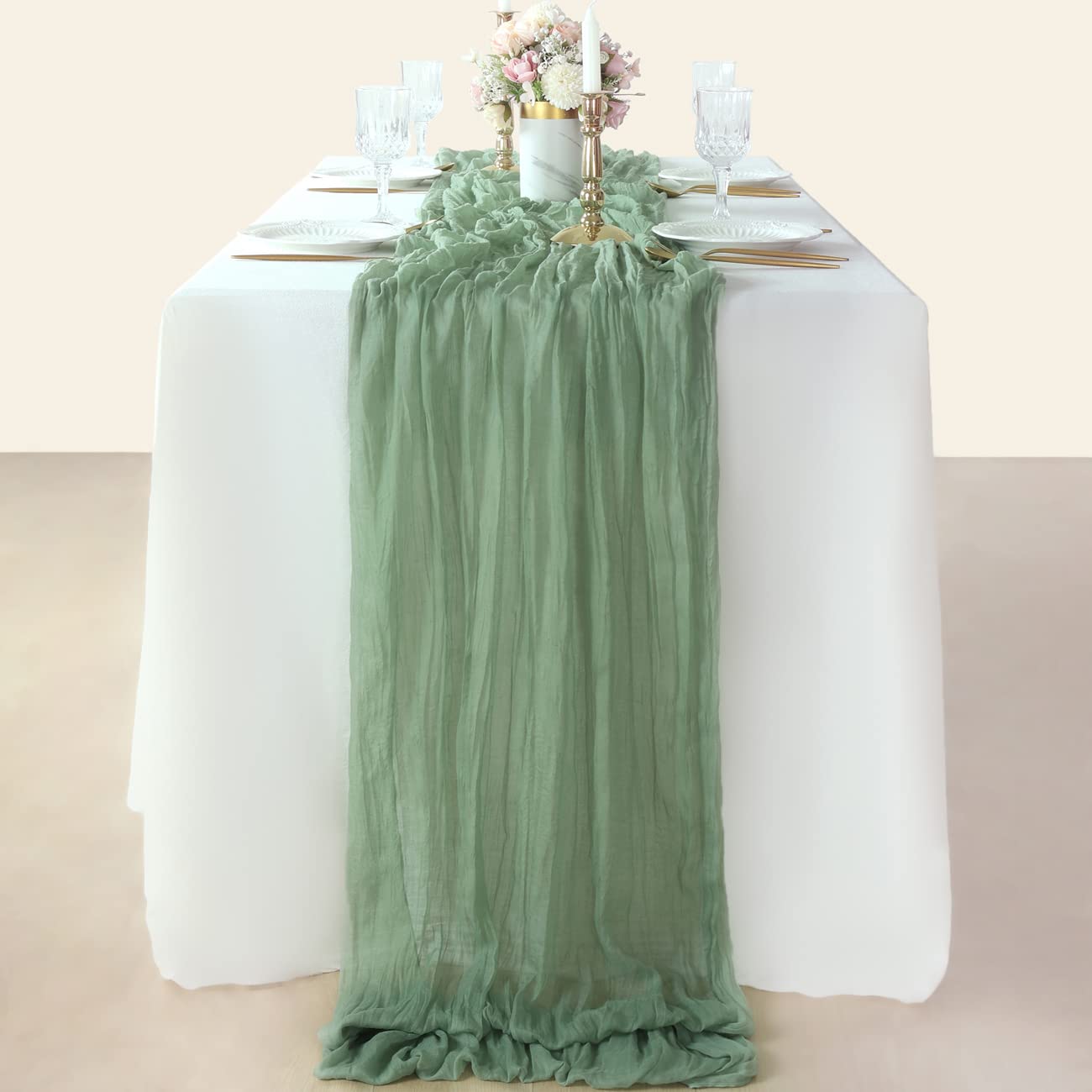 Socomi Cheesecloth Table Runner 10ft Gauze Boho Rustic Sage Green Cheese Cloth Table Runner for Wedding Bridal Shower Fall Thanskgiving Decoration