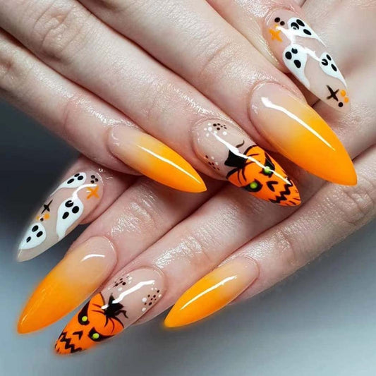 Outyua Stiletto Halloween Long Press on Nails with Design Horror Acrylic Fake Nails Ballerina False Nails Designer Full Cover Nails 24Pcs for Women and Girls (Orange Pumpkin)