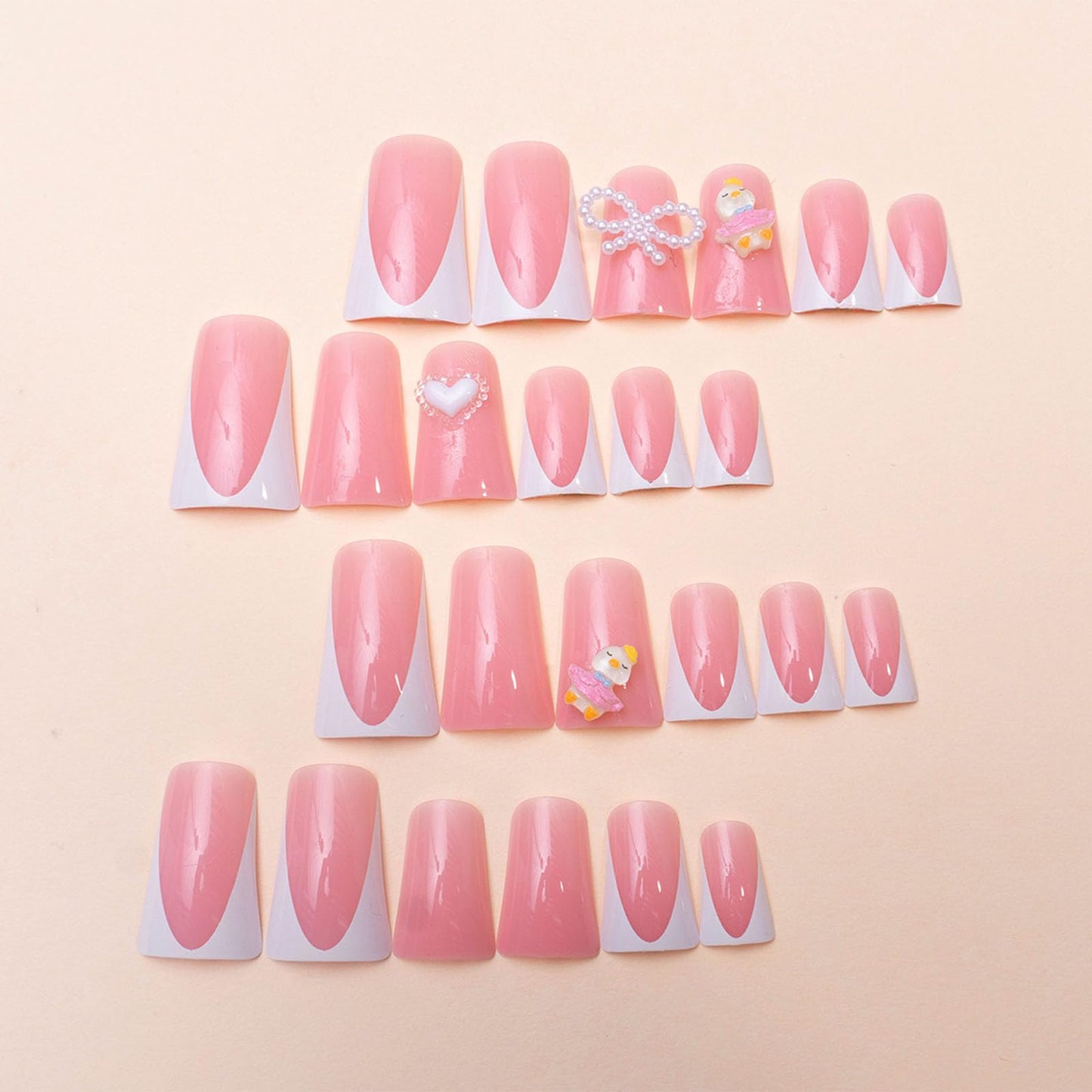 IMSOHOT Duck Press on Nails White French Pink Fake Nails with Duckbill Designs Full Cover Bow & Cute Duckling Acrylic False Nails Duck Feet Flared Medium False Nails Glossy Glue on Nails 24PCS