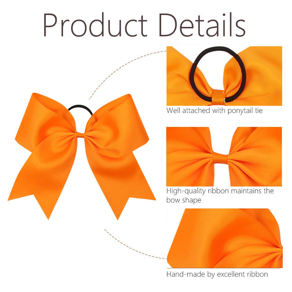 16PCS 8" Large Cheer Hair Bows Ponytail Holder Elastic Band Handmade for Cheerleading Teen Girls College Sports (16 Pcs) (Orange)