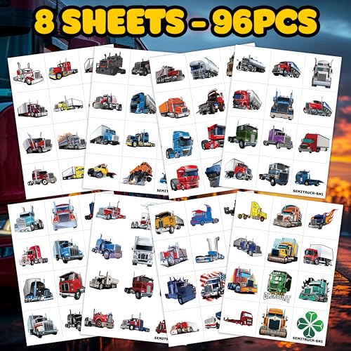 Semi Truck Temporary Tattoos for Kids ? 96+ Big Rig Tattoo Stickers for Boys Girls ? Transportation Theme Birthday Party Favors, Goodie Bag Fillers, Fake Waterproof Tattoos