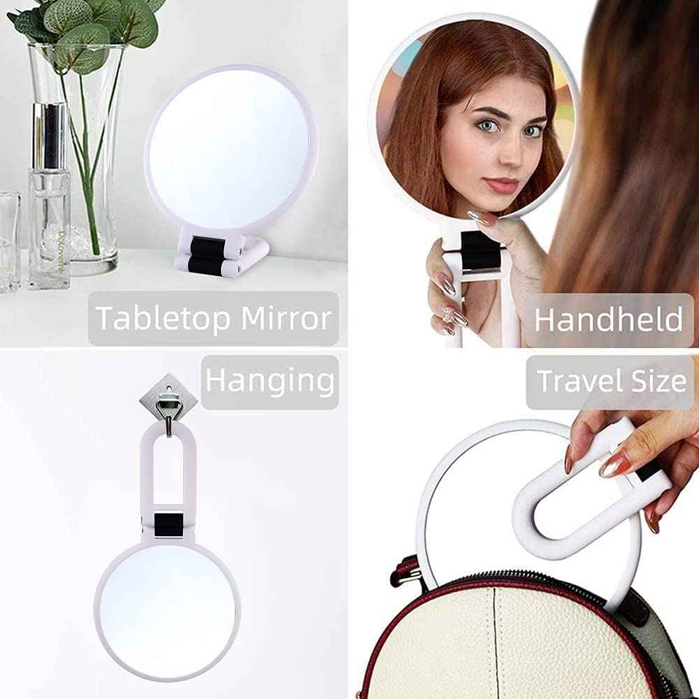LOTIKO 1x 10x Magnifying Handheld Mirror,Travel Folding Hand Held Mirror,Double Sided Pedestal Magnification and True Image Makeup Mirror, Portable Vanity Cosmetic for Women （Pink）