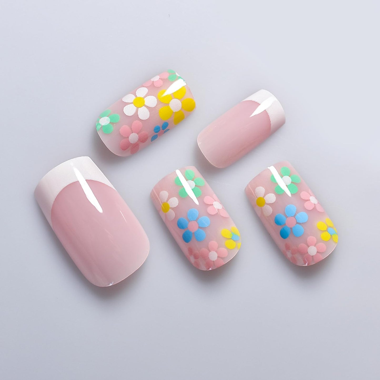 Glossy Pre-design Nude French Press On False Nails with Colorful Flowers Medium Squoval Women Girls Nail Art Tips Salon DIY Manicure Reusable Acrylic Fake Fingernails Nails for Daily Office Home