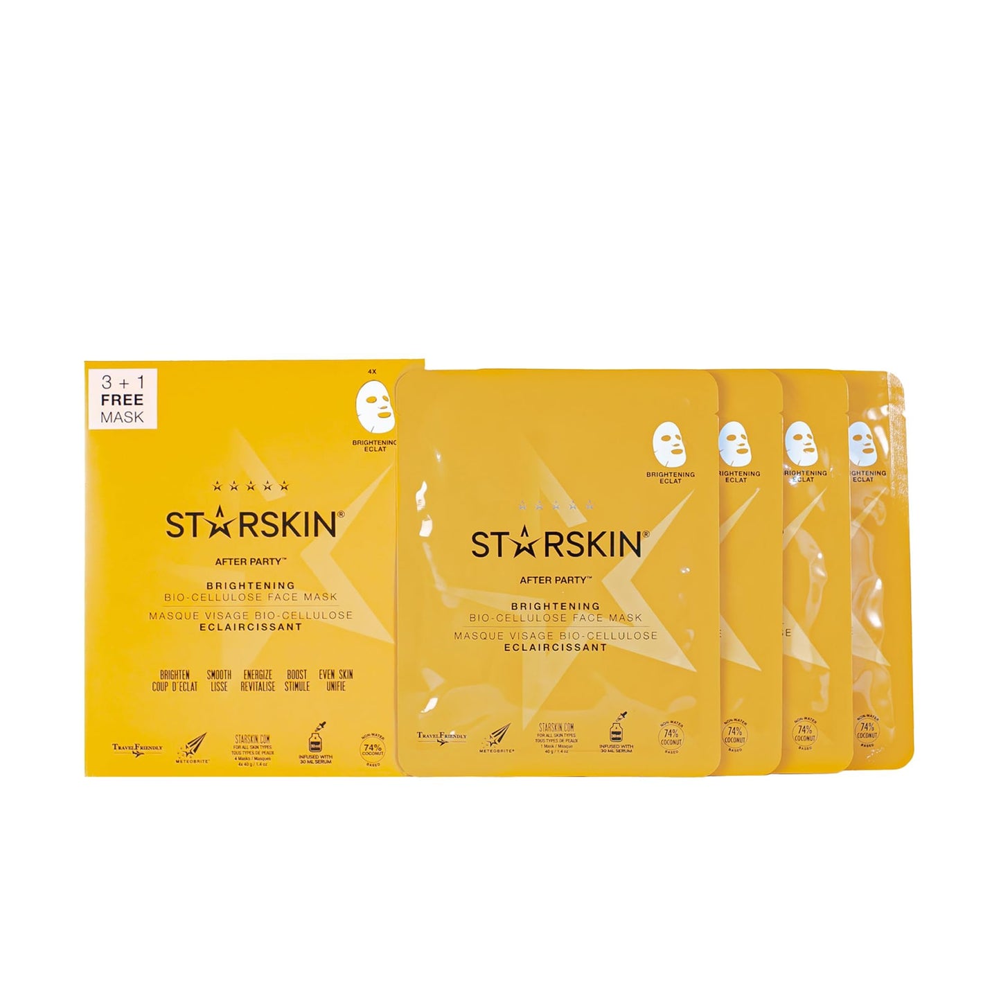 STARSKIN After Party 4x40g, Bio-Cellulose Brightening Face Mask for all Skin Types, Korean Skincare Mask infused with Vitamin C Serum and Niacinamide, Energizing and Soothing, K Beauty Skincare