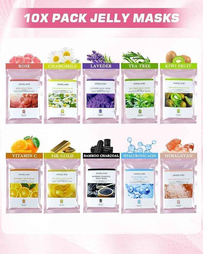 Jelly Mask for Facials Professional Natural Gel Masks - 10 Flavors Hydrating & Moisturizing Jelly Face Masks, Rose Hyaluronic Acid 24K Gold VC, Jelly Facial Mask with Jade Roller & Spatula Spa Use
