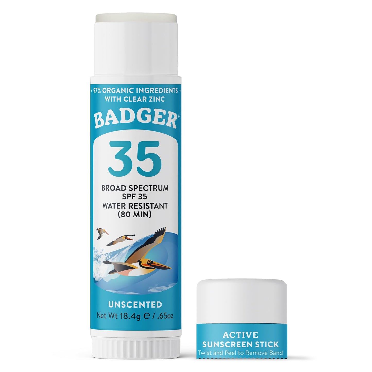 Badger Face Sunscreen Stick SPF 35 with Mineral Zinc Oxide, Travel Size Sunscreen, 97% Organic Ingredients, Reef Friendly SPF Stick Sunscreen for Face, Unscented, 0.65 oz