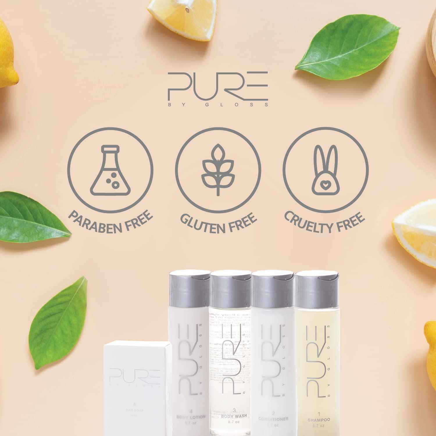 Pure by Gloss Gift Set – Fresh Lemon Scent – for All Hair and Skin Types – With Shampoo [8.5oz], Conditioner [8.5oz], Body Wash [8.5oz], Body Lotion [8.5oz], Body Bar [4oz], & Loofah – Cruelty Free