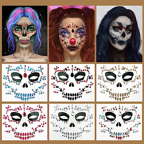 Face Jewels Temporary Face Tattoos, 6-Pack Day Of The Died Skull Festival Face Gems, Crystal Make up Eye Glitter Face Stickers for Halloween
