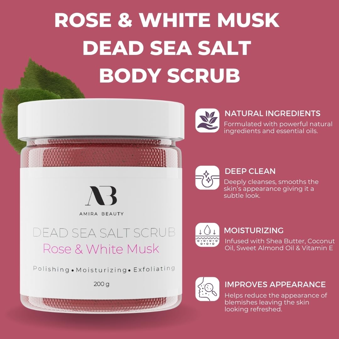 Amira Beauty Dead Sea Salt Body Scrub | Foaming Shower Scrub with Organic Essential Oils | Exfoliates and Moisturizes Skin | 7 OZ (Rose & White Musk)