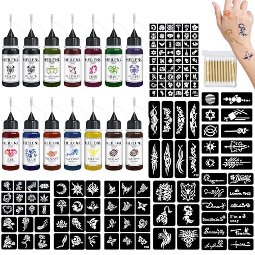 Temporary Tattoo Kit - 14 Ink Colors, 132 Stencils, 5-7 Day Wear