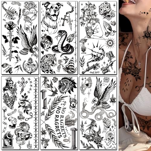 Black Temporary Tattoo Stickers - 12 Sheets Traditional American Tattoos
