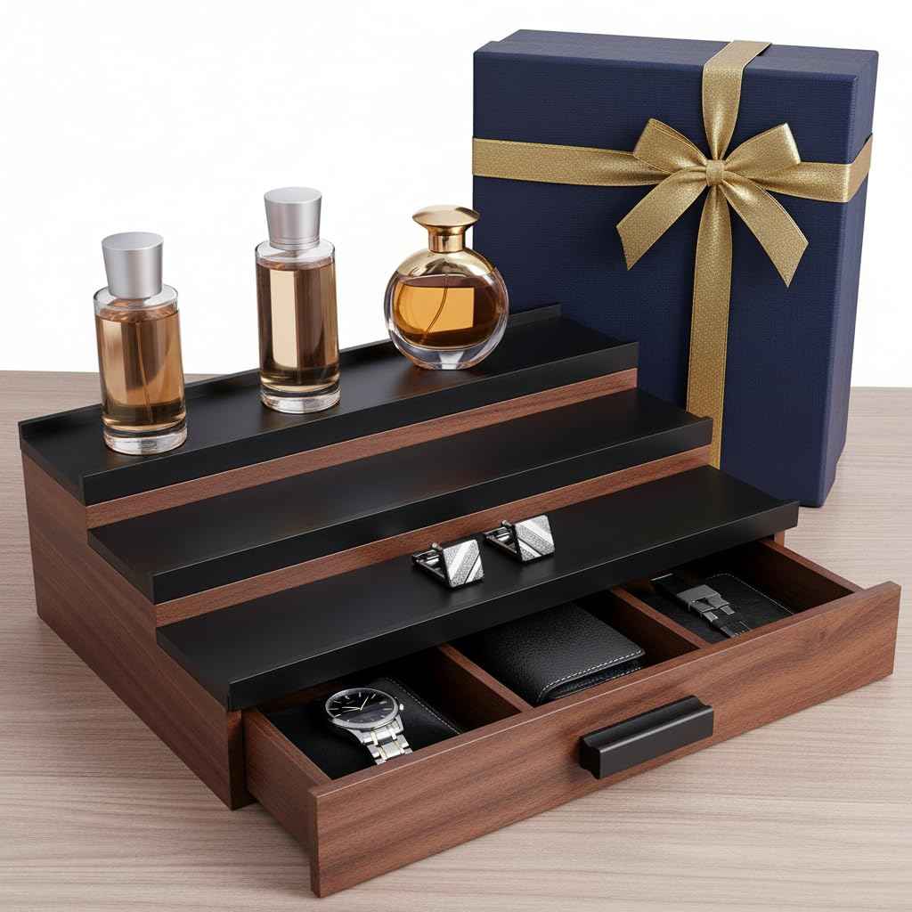 Cologne Organizer for Men – Black Wood Cologne Stand with Drawer & Storage, 3 Tier Perfume Display Holder for Bedroom, Office, Bathroom – Ideal Gift for Men, Father, Husband