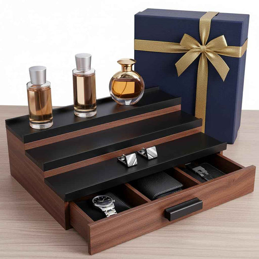 Cologne Organizer for Men – Black Wood Cologne Stand with Drawer & Storage, 3 Tier Perfume Display Holder for Bedroom, Office, Bathroom – Ideal Gift for Men, Father, Husband
